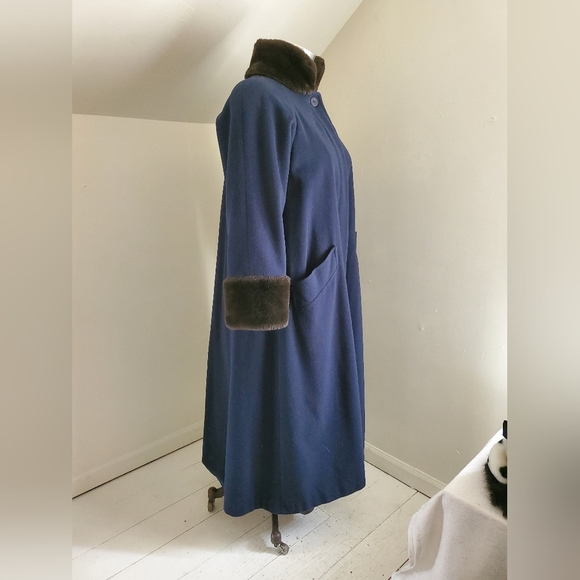 Steve by Searle Navy Blue Wool Full Length Swing Coat with Faux Fur Trim - Picture 2 of 6